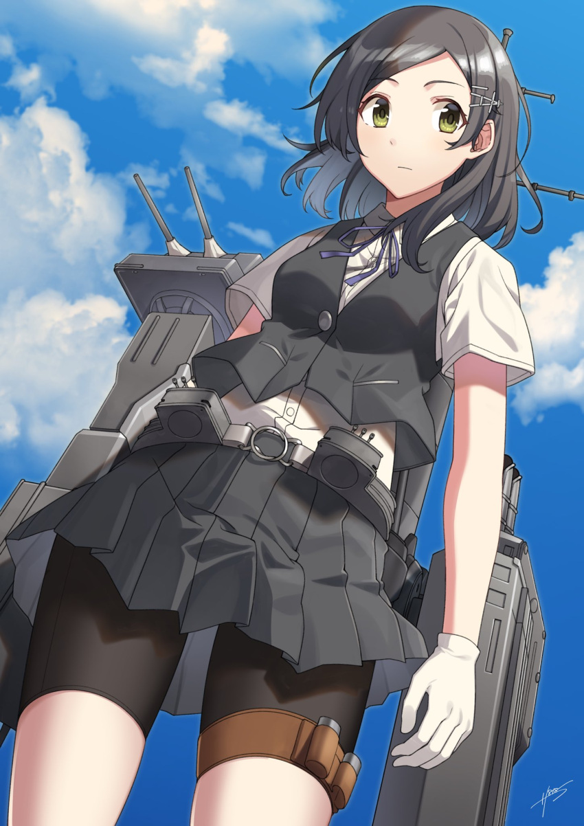 1girl bike_shorts black_hair blue_ribbon blue_sky cannon clouds cloudy_sky cowboy_shot day gloves green_eyes hair_ornament hairclip highres kantai_collection kuroshio_(kantai_collection) looking_at_viewer neck_ribbon pleated_skirt remodel_(kantai_collection) ribbon rigging sahuyaiya short_hair skirt sky solo thigh_strap turret vest white_gloves