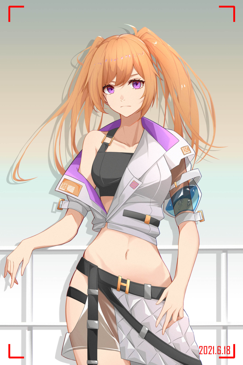 1girl absurdres bangs bare_shoulders belt black_belt brown_hair chinese_commentary collarbone commentary_request cowboy_shot crop_top cropped_jacket dated drop_shadow grey_background highres jacket long_hair looking_at_viewer midriff moeey_tienan navel off_shoulder original short_sleeves solo standing stomach twintails violet_eyes white_jacket
