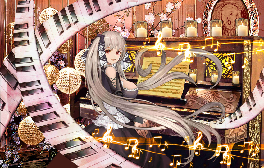 1girl absurdres azur_lane bare_shoulders beamed_eighth_notes breasts candle doily dress eighth_note fine_art_parody flower formidable_(azur_lane) frilled_dress frills grey_hair gudadan hair_ribbon highres instrument large_breasts long_hair looking_back musical_note parody piano red_eyes ribbon sheet_music sideboob sitting sixteenth_note smile solo the_scream treble_clef twintails two-tone_dress two-tone_ribbon very_long_hair