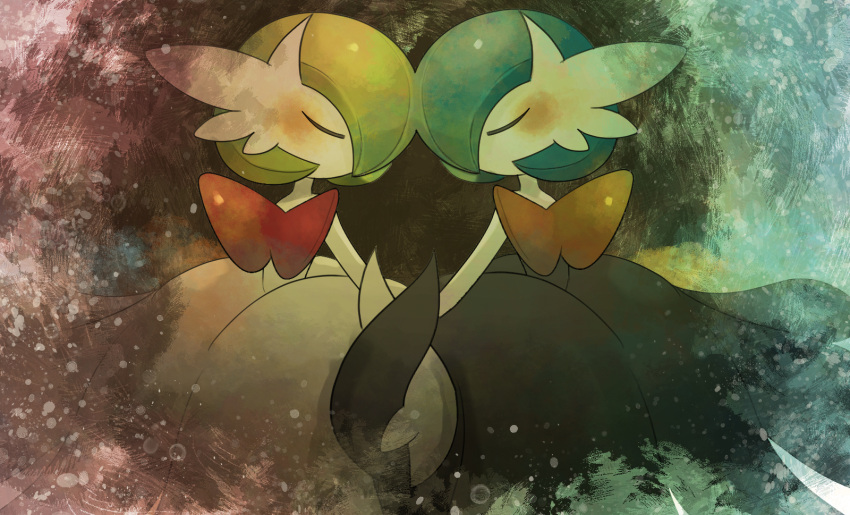 2girls alternate_color bangs blue_hair blush closed_eyes gardevoir gen_3_pokemon green_hair hair_over_one_eye highres holding_hands mega_gardevoir mega_pokemon multiple_girls no_humans no_mouth pokemon pokemon_(creature) shiny_pokemon short_hair standing symmetry white_skin yukifuri_tsuyu