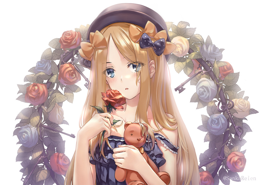 1girl :o abigail_williams_(fate/grand_order) alternate_costume bangs bare_arms bare_shoulders black_bow black_dress black_headwear blonde_hair blue_eyes blue_flower blue_rose blush bow collarbone commentary_request dress eyebrows_visible_through_hair fate/grand_order fate_(series) flower forehead hair_bow hands_up hat holding holding_flower holding_stuffed_animal key long_hair orange_bow parted_bangs parted_lips polka_dot polka_dot_bow red_flower red_rose rose sankareien simple_background sleeveless sleeveless_dress solo strap_slip stuffed_animal stuffed_toy teddy_bear twitter_username upper_body very_long_hair white_background