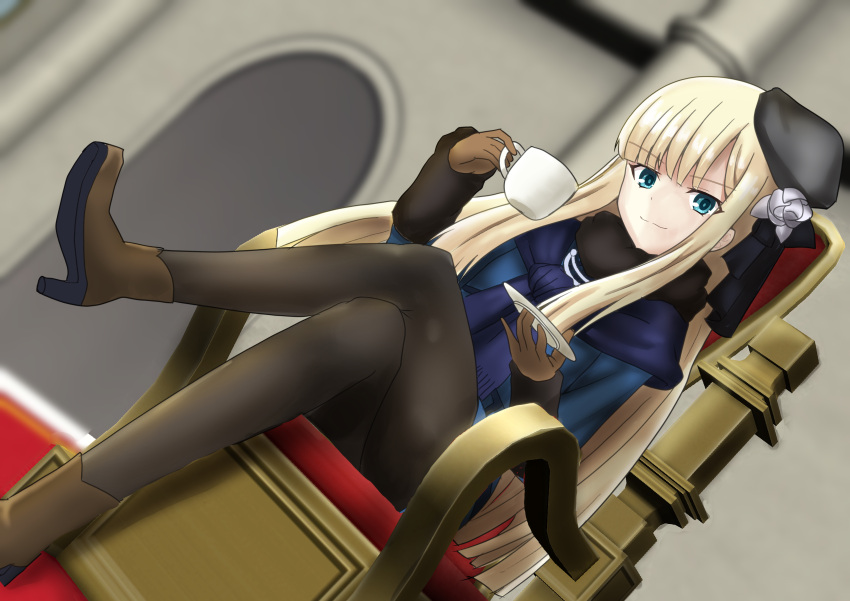 1girl absurdres bangs black_bow black_headwear black_legwear blonde_hair blue_coat blue_eyes bow brown_gloves closed_mouth coat_dress crossed_legs dutch_angle eyebrows_visible_through_hair fate_(series) flower gloves hair_bow hair_flower hair_ornament hat highres long_hair looking_at_viewer lord_el-melloi_ii_case_files pantyhose reines_el-melloi_archisorte shiny shiny_hair sitting smile solo straight_hair very_long_hair white_flower yuku0307