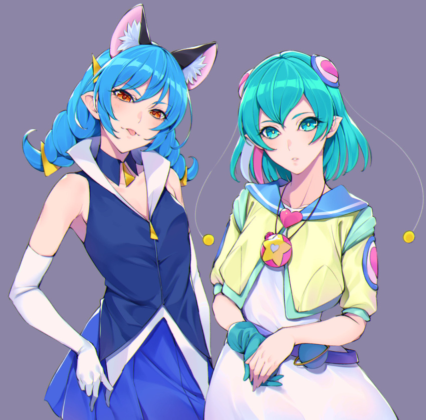 2girls :p animal_ears aqua_eyes aqua_gloves aqua_hair bangs bare_shoulders belt blue_hair breasts cat_ears detached_collar dress eyebrows_visible_through_hair gloves hagoromo_lala hair_ornament jewelry long_hair looking_at_viewer multiple_girls necklace orange_eyes parted_lips pleated_skirt pointy_ears precure purple_background simple_background single_glove skirt sleeveless smile star_twinkle_precure sugarbeat tongue tongue_out white_gloves yuni_(precure)