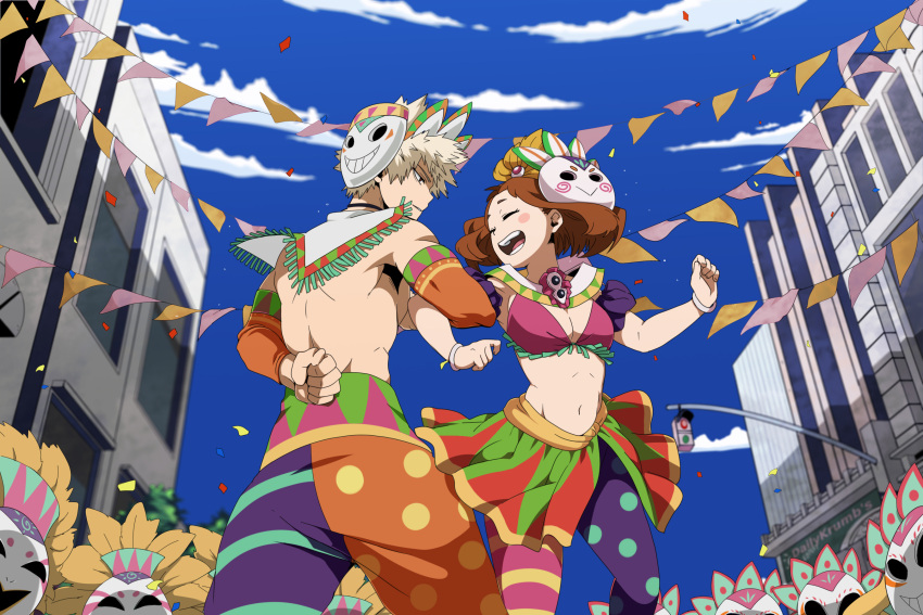 1boy 1girl artist_name bakugou_katsuki bare_shoulders blonde_hair blue_sky boku_no_hero_academia bra bracelet brown_hair building clenched_hands closed_eyes confetti dailykrumbs dancing detached_sleeves english_commentary festival frilled_bra frilled_skirt frills hand_on_back highres jewelry locked_arms looking_at_another mask mask_on_head open_mouth outdoors pennant polka_dot polka_dot_legwear purple_scrunchie red_eyes scrunchie short_hair sidelocks skirt sky smile spiky_hair striped striped_legwear teeth traffic_light underwear uraraka_ochako