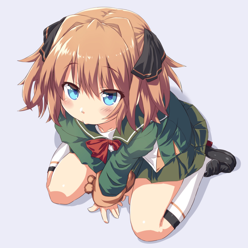 1girl black_ribbon blue_eyes blush brown_hair dd_(ijigendd) eyebrows_visible_through_hair green_jacket green_skirt hachijou_(kantai_collection) hair_ribbon highres jacket kantai_collection long_sleeves looking_at_viewer neck_ribbon pleated_skirt red_ribbon ribbon school_uniform serafuku short_hair sitting skirt solo