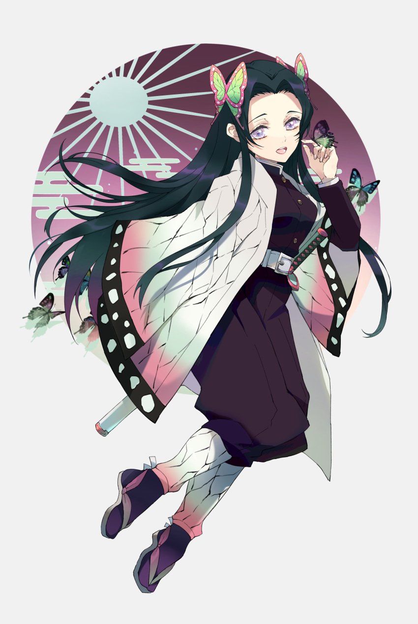 1girl absurdres animal animal_on_hand bangs belt belt_buckle black_jacket black_pants blonde_hair breasts buckle bug butterfly butterfly_hair_ornament butterfly_on_finger commentary_request egasumi fingernails forehead full_body grey_background hair_ornament highres insect jacket katana kayanogura kimetsu_no_yaiba kochou_kanae long_hair long_sleeves looking_at_viewer nail_polish open_clothes open_mouth pants parted_bangs pink_nails purple_legwear sheath simple_background small_breasts solo sword very_long_hair violet_eyes weapon white_belt wide_sleeves