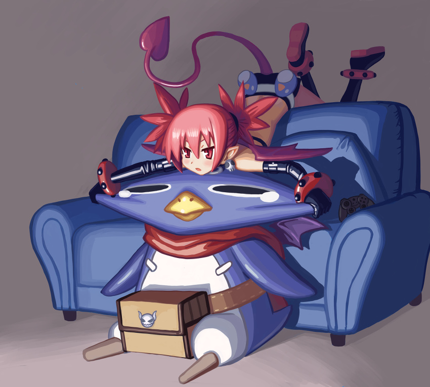 1girl 1other anklet beak bird black_footwear black_gloves boots bored bullying cheek_pull commentary controller couch demon_tail demon_wings disgaea earrings elbow_gloves english_commentary etna full_body game_controller gamepad gloves hair_pulled_back highres jewelry knee_boots medium_hair mini_wings nonneim peg_leg penguin pointy_ears pouch prinny red_eyes red_scarf redhead scarf shorts skull_earrings slit_pupils studded_anklet studded_bracelet tail tears wings