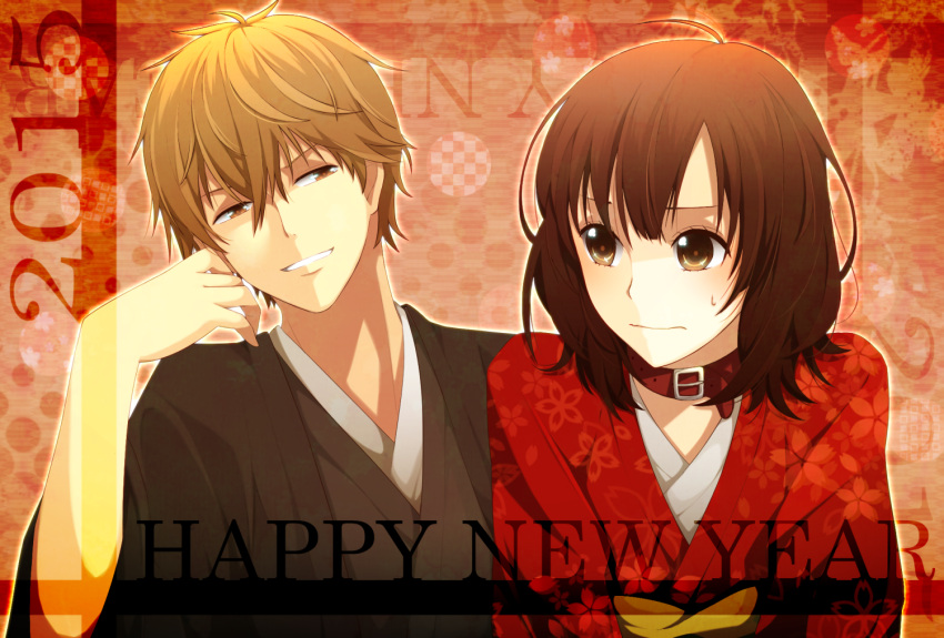 1boy 1girl 2015 ahoge bangs black_kimono blonde_hair brown_eyes brown_hair buckle closed_mouth collar dotted_background evil_grin evil_smile floral_print grin hair_between_eyes half-closed_eyes hand_up japanese_clothes kamu_(ayano1342) kimono light_frown looking_at_another medium_hair new_year obi ookami_shoujo_to_kuro_ouji red_background red_kimono sash sata_kyouya shinohara_erika short_hair smile sweatdrop upper_body yellow_sash