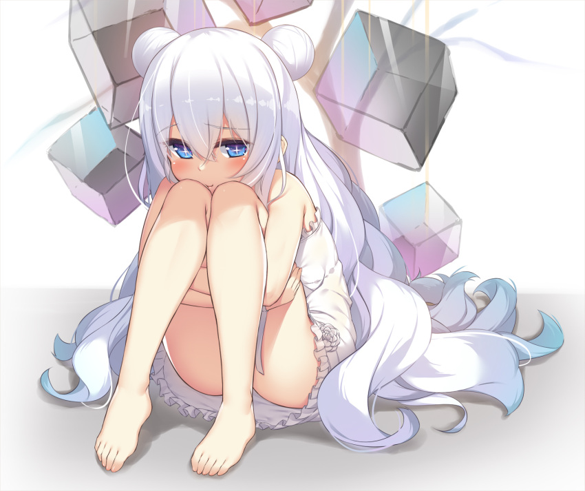 +_+ 1girl :t azur_lane bangs bare_arms bare_legs bare_shoulders barefoot blue_eyes blush closed_mouth commentary_request cube double_bun dress eyebrows_visible_through_hair feet flower frilled_dress frills full_body hair_between_eyes highres le_malin_(azur_lane) leg_hug legs long_hair looking_at_viewer olive_(laai) rose silver_hair sleeveless sleeveless_dress solo very_long_hair white_dress white_flower white_rose