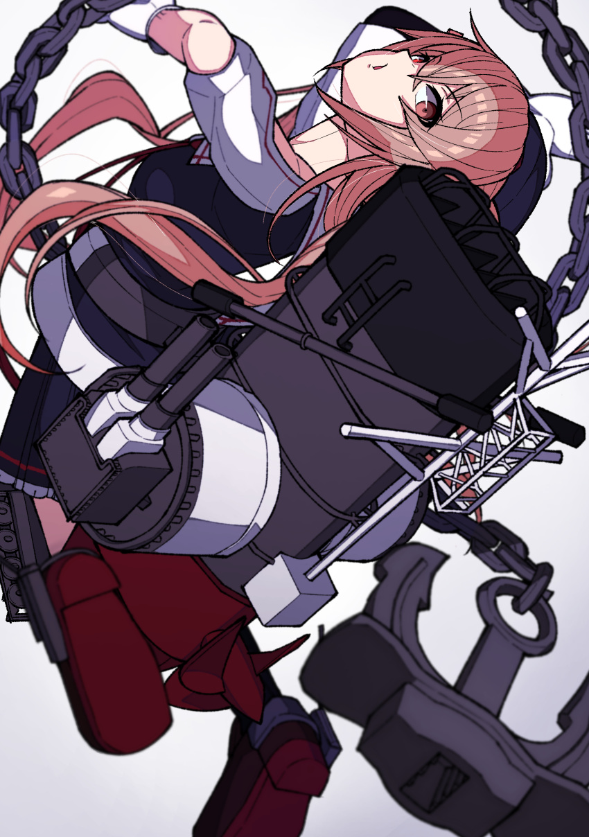 1girl absurdres adapted_turret anchor bangs black_headwear black_serafuku brown_eyes brown_hair dutch_angle eyes_visible_through_hair frilled_skirt frills from_behind full_body gloves hair_between_eyes hat highres kantai_collection karasuma_kuraha long_hair long_sleeves looking_at_viewer looking_back machinery murasame_(kantai_collection) neckerchief open_mouth propeller remodel_(kantai_collection) rigging rudder_footwear sail sailor_collar school_uniform serafuku shoes simple_background skirt smokestack solo torpedo torpedo_tubes turret two_side_up white_background white_gloves white_sailor_collar