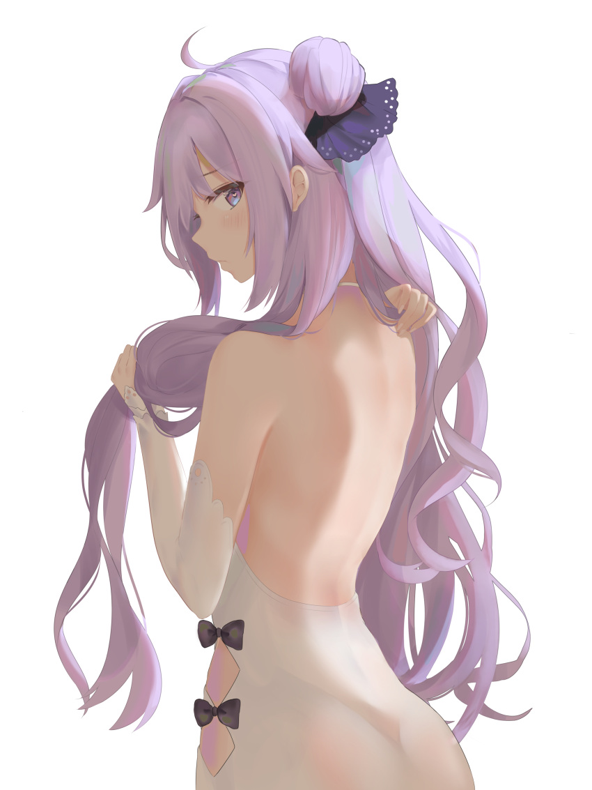 1girl absurdres ahoge argyle_cutout azur_lane back backless_dress backless_outfit bare_shoulders black_bow bow closed_mouth commentary_request detached_sleeves dress from_behind hair_bun halterneck heart heart-shaped_pupils highres holding holding_hair long_hair long_sleeves looking_at_viewer looking_back purple_hair ru_zhai side_bun side_cutout sidelocks simple_background solo symbol-shaped_pupils unicorn_(azur_lane) upper_body white_background white_dress