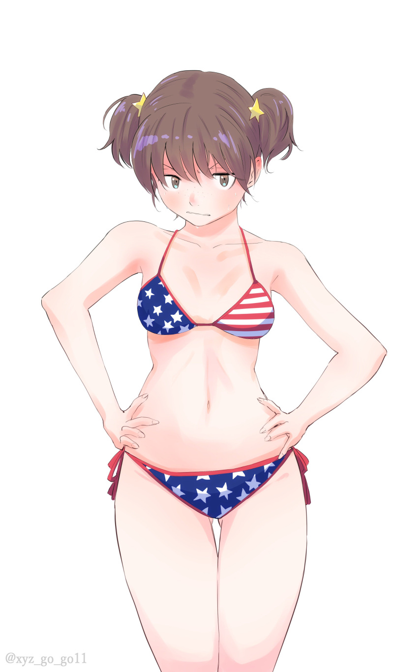 1girl absurdres alisa_(girls_und_panzer) american_flag_bikini ass_visible_through_thighs bangs bikini blush breasts brown_eyes brown_hair closed_mouth commentary cowboy_shot flag_print freckles frown girls_und_panzer hair_ornament hands_on_hips highres looking_at_viewer medium_breasts navel oze_(xyz_go_go11) short_hair short_twintails side-tie_bikini simple_background solo standing star star_hair_ornament sweat swimsuit thigh_gap twintails twitter_username v-shaped_eyebrows white_background