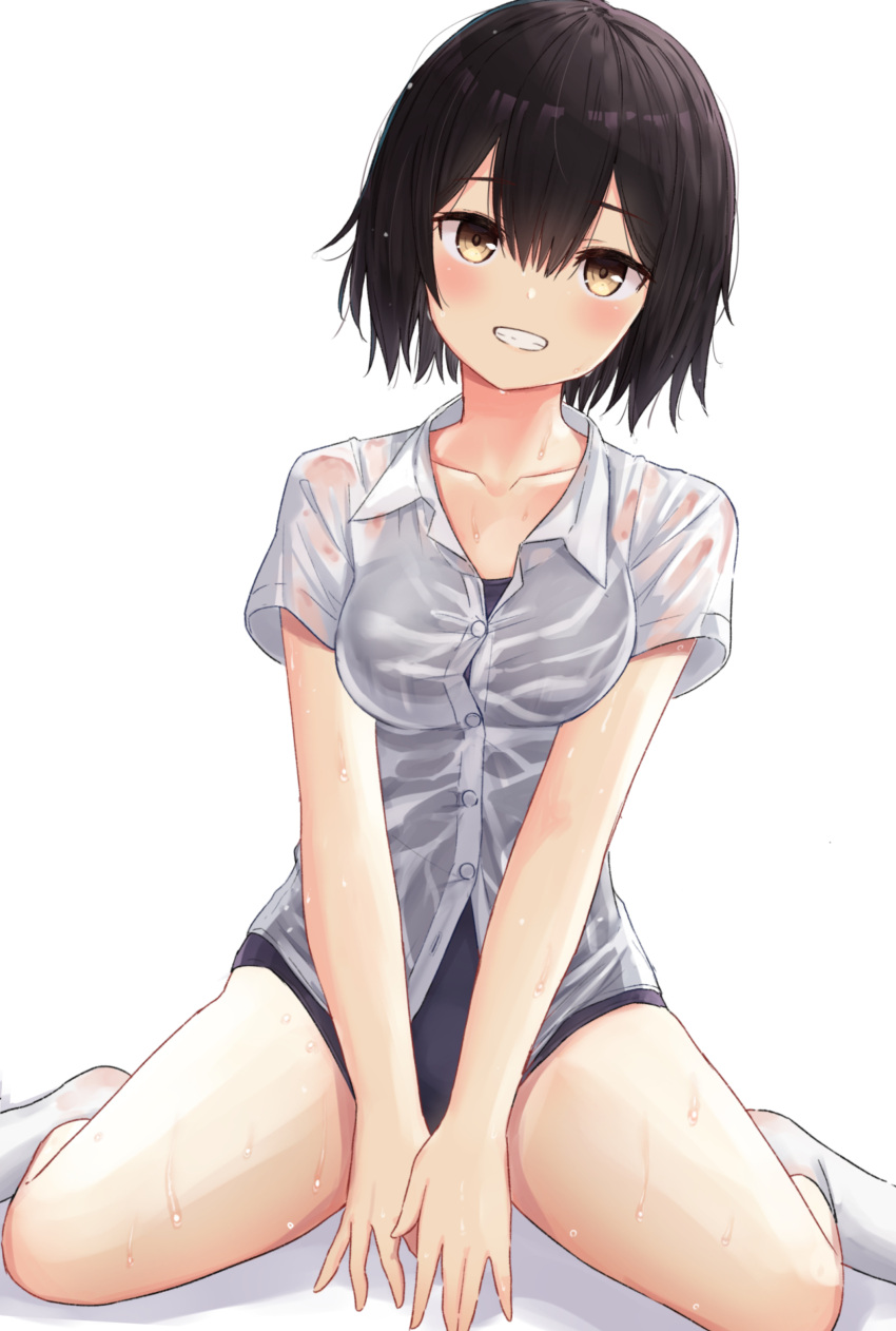1girl absurdres bangs between_legs black_hair blue_swimsuit blush breasts brown_eyes button_gap collarbone dress_shirt dripping feet grin hair_between_eyes hand_between_legs head_tilt highres looking_at_viewer medium_breasts no_pants one-piece_swimsuit original partially_unbuttoned school_swimsuit see-through shirt short_hair short_sleeves simple_background sitting smile socks solo spread_legs swimsuit swimsuit_under_clothes taut_clothes taut_shirt v_arms wariza wet wet_clothes wet_hair wet_shirt zuima