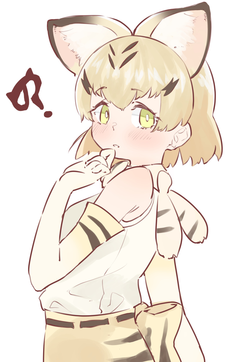 1girl ? absurdres animal_ear_fluff bangs bare_shoulders blonde_hair commentary elbow_gloves extra_ears eyebrows_visible_through_hair from_side gloves green_eyes hand_on_own_chin highres japari_symbol kemono_friends kona_ming looking_at_viewer parted_lips print_gloves print_neckwear print_skirt sand_cat_(kemono_friends) sand_cat_print shirt short_hair simple_background skirt sleeveless sleeveless_shirt solo white_background white_shirt