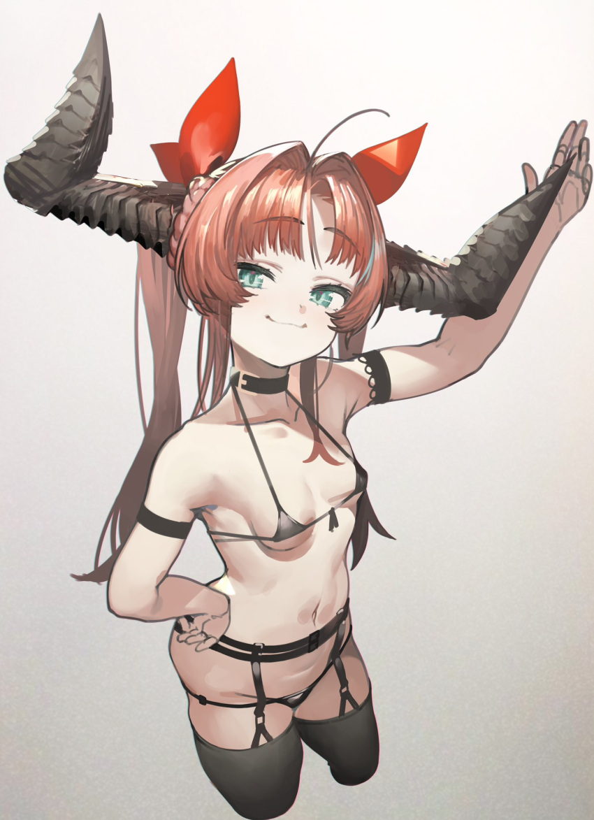 1girl :3 ahoge black_bra black_garter_belt black_legwear black_panties bra breasts choker collarbone cropped_legs eyebrows_visible_through_hair front-tie_bra garter_belt gradient gradient_background grey_background hair_intakes hair_ribbon hand_on_hip hand_up highres horns izuru_(timbermetal) long_hair looking_at_viewer navel neck_belt original panties red_ribbon redhead ribbon simple_background small_breasts smile solo thigh-highs twintails underwear