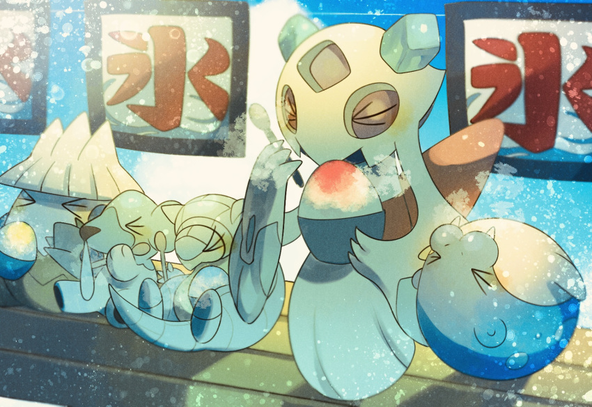 &gt;_&lt; alolan_form alolan_sandshrew back_bow blue_sky blush bow bowl brain_freeze closed_eyes closed_mouth clouds crystal cubchoo day eating fangs froslass full_body gen_3_pokemon gen_4_pokemon gen_5_pokemon gen_7_pokemon hands_up highres holding no_humans outdoors pokemon pokemon_(creature) red_bow sash shaved_ice sign sky snot snover spheal spoon translated upside-down yukifuri_tsuyu