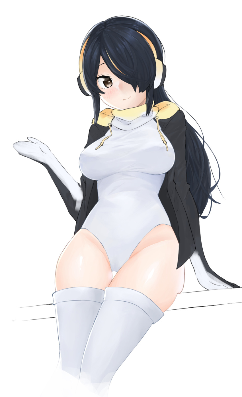 1girl black_hair breasts brown_eyes commentary drawstring emperor_penguin_(kemono_friends) groin hair_over_one_eye hand_up headphones highleg highleg_leotard highres hood hood_down hooded_jacket jacket kemono_friends kona_ming leotard long_hair looking_at_viewer medium_breasts open_clothes open_jacket simple_background smile solo taut_leotard thigh-highs thigh_gap thighs white_background white_legwear white_leotard