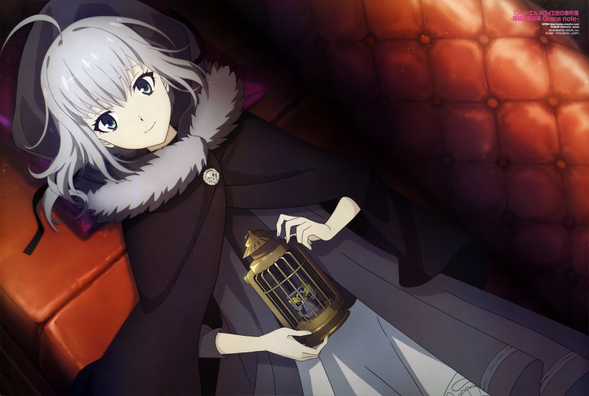 absurdres aqua_inc. artoria_pendragon_(all) birdcage black_capelet cage cape capelet cloak fate/grand_order fate_(series) fur-trimmed_cloak fur_trim gray_(lord_el-melloi_ii) grey_cape grey_flower highres hood hooded hooded_cape hooded_cloak lord_el-melloi_ii lord_el-melloi_ii_case_files saber waver_velvet