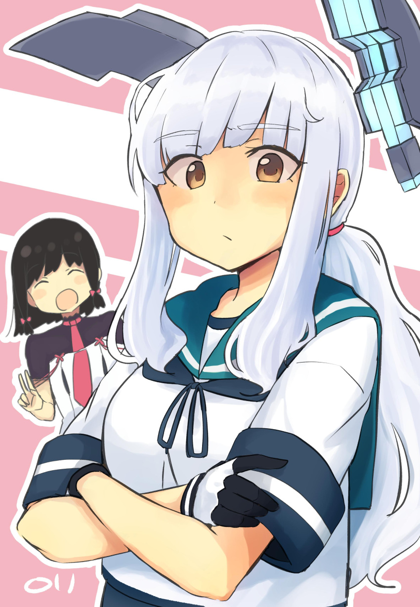 2girls absurdres bangs black_hair blue_neckwear blunt_bangs blush breasts brown_eyes closed_eyes cosplay costume_switch crossed_arms dress eyebrows_visible_through_hair fubuki_(kantai_collection) fubuki_(kantai_collection)_(cosplay) gloves hair_ribbon headgear highres kantai_collection long_hair ma_rukan multiple_girls murakumo_(kantai_collection) murakumo_(kantai_collection)_(cosplay) necktie open_mouth pink_neckwear ponytail ribbon sailor_collar school_uniform serafuku short_sleeves sidelocks signature silver_hair skirt tress_ribbon undershirt upper_body v