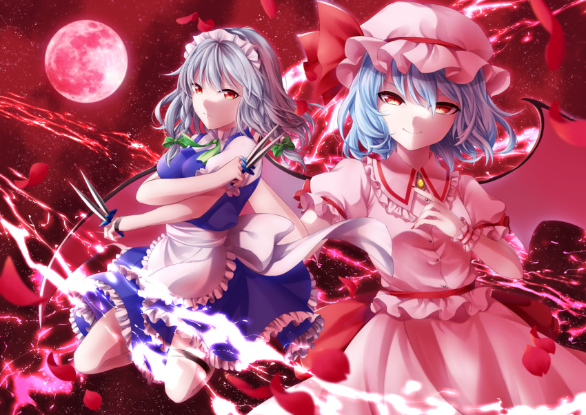 2girls apron bangs bat_wings blue_dress bow braid breasts brooch commentary_request cowboy_shot dress frilled_apron frilled_shirt_collar frills full_moon green_bow hair_bow hat hat_ribbon holding holding_knife holding_weapon izayoi_sakuya jewelry knife knives_between_fingers looking_at_viewer maid maid_apron maid_headdress medium_breasts melachicca mob_cap moon multiple_girls nail_polish night night_sky outdoors petals pink_dress pink_headwear puffy_short_sleeves puffy_sleeves red_eyes red_moon red_nails red_ribbon red_sash remilia_scarlet ribbon rose_petals sash shirt short_hair short_sleeves silver_hair sky smile star_(sky) starry_sky thigh_strap touhou twin_braids waist_apron weapon white_apron white_shirt wings wrist_cuffs