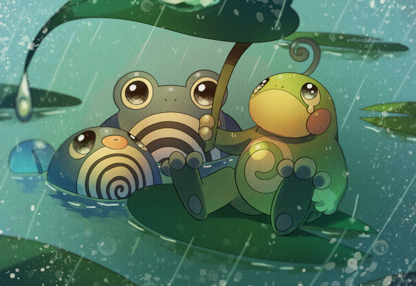 black_eyes blue_eyes blush_stickers closed_mouth full_body gen_1_pokemon gen_2_pokemon hand_up highres holding leaf leaf_umbrella lily_pad looking_at_viewer looking_up no_humans partially_submerged pokemon pokemon_(creature) politoed poliwag poliwhirl rain sitting swimming tears water yukifuri_tsuyu