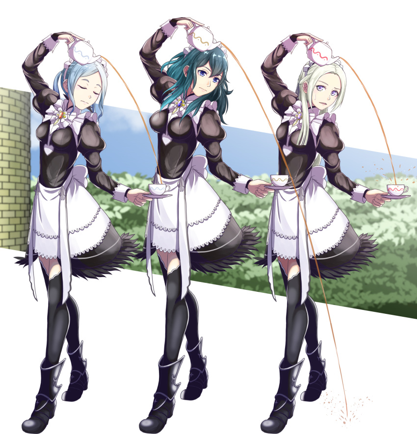3girls black_legwear blonde_hair blue_eyes blue_hair bridal_gauntlets byleth_(fire_emblem) byleth_eisner_(female) byleth_eisner_(female) closed_eyes closed_mouth cup decantering edelgard_von_hresvelg female_my_unit_(fire_emblem:_three_houses) fire_emblem fire_emblem:_three_houses fire_emblem:_three_houses fire_emblem_14 fire_emblem_16 fire_emblem_fates fire_emblem_heroes fire_emblem_if flora_(fire_emblem) gem gzo1206 highres holding holding_plate intelligent_systems juliet_sleeves kakuma_ai long_hair long_sleeves maid maid_headdress medium_hair multiple_girls my_unit_(fire_emblem:_three_houses) nintendo parted_lips plate pouring puffy_sleeves seiyuu_connection sukkirito_(rangusan) super_smash_bros. teacup teapot violet_eyes you're_doing_it_wrong