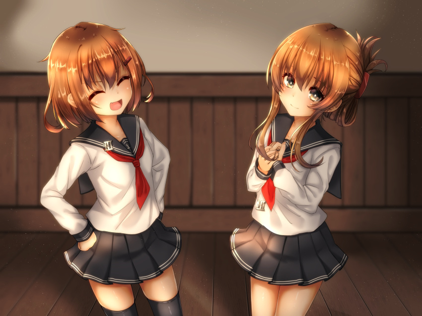 2girls :d anchor_symbol bangs black_legwear black_sailor_collar black_skirt brown_eyes brown_hair closed_eyes cowboy_shot fang folded_ponytail hair_between_eyes hair_ornament hairclip hands_on_hips hands_on_own_chest highres ikazuchi_(kantai_collection) inazuma_(kantai_collection) indoors kantai_collection long_hair long_sleeves looking_at_viewer miniskirt multiple_girls neckerchief open_mouth red_neckwear sailor_collar school_uniform serafuku shirt short_hair sidelocks skirt smile standing thigh-highs touchuu_kasou white_shirt wooden_floor