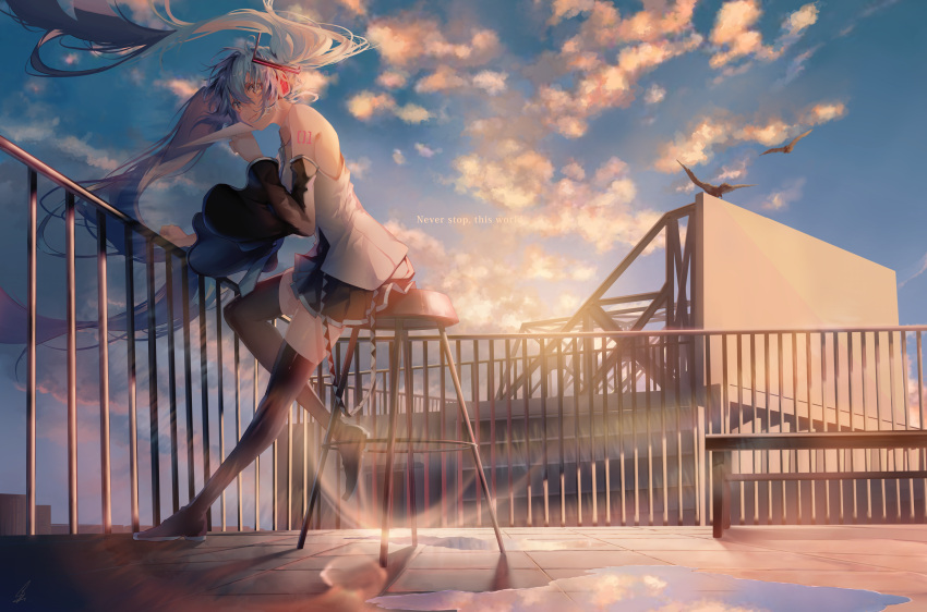 1girl animal arm_support bangs bare_shoulders bird black_footwear black_legwear black_skirt black_sleeves blue_eyes blue_hair blue_neckwear blue_sky boots closed_mouth clouds cloudy_sky collared_shirt commentary_request day detached_sleeves english_text hair_between_eyes hatsune_miku highres holding lens_flare long_hair long_sleeves necktie on_stool outdoors paper_airplane pleated_skirt puddle railing rooftop saihate_(d3) shirt signature sitting skirt sky sleeveless sleeveless_shirt smile solo stool thigh-highs thigh_boots twintails very_long_hair vocaloid water white_shirt wide_sleeves