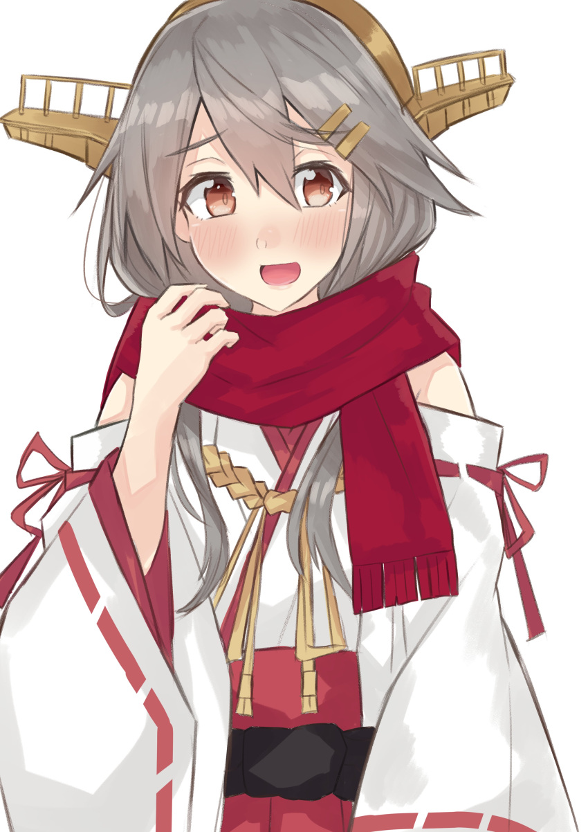 1girl :d absurdres blush brown_eyes detached_sleeves dokuganryuu grey_hair hair_between_eyes hair_ornament hairclip haruna_(kantai_collection) headgear highres kantai_collection long_hair looking_at_viewer nontraditional_miko open_mouth red_scarf red_skirt remodel_(kantai_collection) scarf simple_background skirt smile solo upper_body white_background