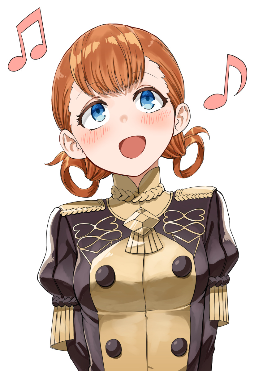 1girl absurdres annette_fantine_dominic blue_eyes epaulettes fire_emblem fire_emblem:_three_houses garreg_mach_monastery_uniform highres koko_(kokokoko920) musical_note open_mouth orange_hair simple_background solo twintails uniform upper_body white_background