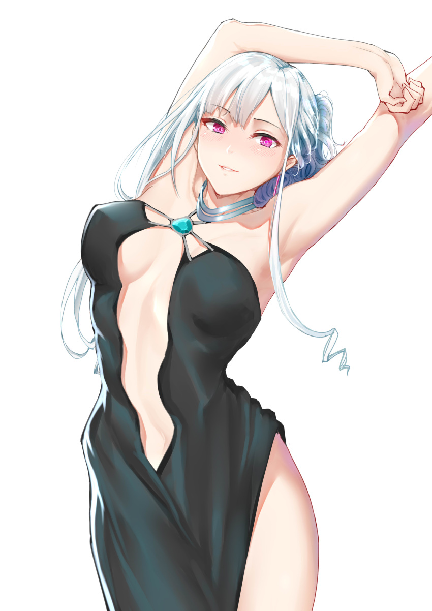 1girl absurdres ak-12_(girls_frontline) armpits arms_up bangs bare_shoulders black_dress blush breasts c.rabbit center_opening dress girls_frontline highres jewelry large_breasts long_hair looking_at_viewer pendant pink_eyes ponytail side_slit silver_hair simple_background smile solo white_background