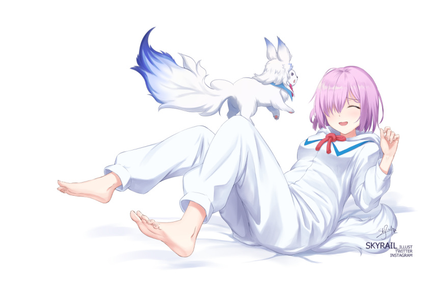 1girl animal artist_name barefoot blush closed_eyes commentary_request eyebrows_visible_through_hair fate/grand_order fate_(series) fou_(fate/grand_order) hair_over_one_eye lavender_hair lying mash_kyrielight pajamas purple_hair short_hair simple_background skyrail smile solo tail white_background