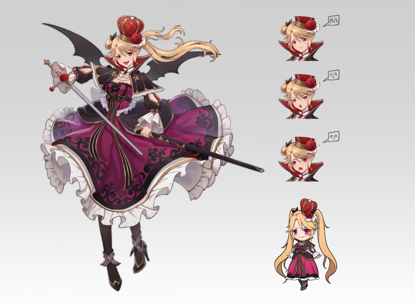 1girl absurdres bat_wings black_wings blonde_hair boots calla10 crown_hair_ornament demon_girl dress flower hair_flower hair_ornament highres jewelry necklace original red_eyes solo sword twintails vampire weapon wings