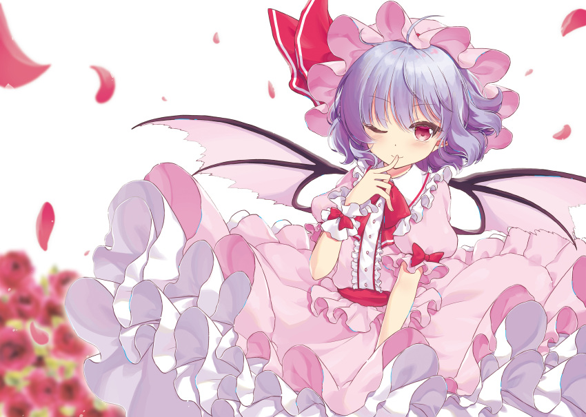 1girl ;) absurdres ahoge bangs bat_wings beni_kurage blue_hair blush bow bowtie center_frills commentary_request cowboy_shot dress eyebrows_visible_through_hair finger_to_mouth flower frilled_shirt_collar frills hand_up hat hat_ribbon highres looking_at_viewer mob_cap one_eye_closed petals petticoat pink_dress pink_headwear pointy_ears puffy_short_sleeves puffy_sleeves red_bow red_eyes red_flower red_neckwear red_ribbon red_rose red_sash remilia_scarlet ribbon rose rose_petals sash short_hair short_sleeves simple_background smile solo touhou white_background wings