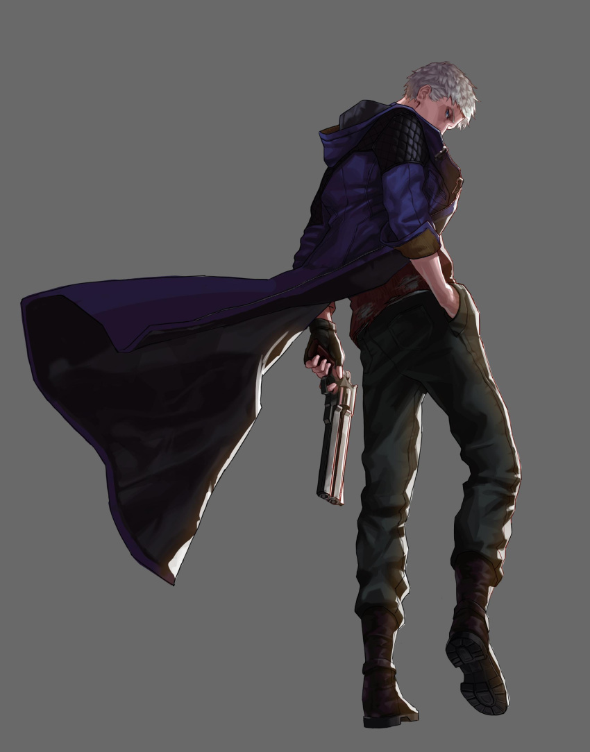 1boy absurdres back black_gloves black_legwear blue_coat blue_eyes boots brown_footwear coat devil_may_cry devil_may_cry_5 fingerless_gloves gloves grey_background gun hand_in_pocket handgun highres holding holding_gun holding_weapon hood hood_down looking_back male_focus nero_(devil_may_cry) padded_coat paper_hide red_shirt revolver shirt simple_background sleeve_rolled_up solo standing torn_clothes weapon white_hair zipper