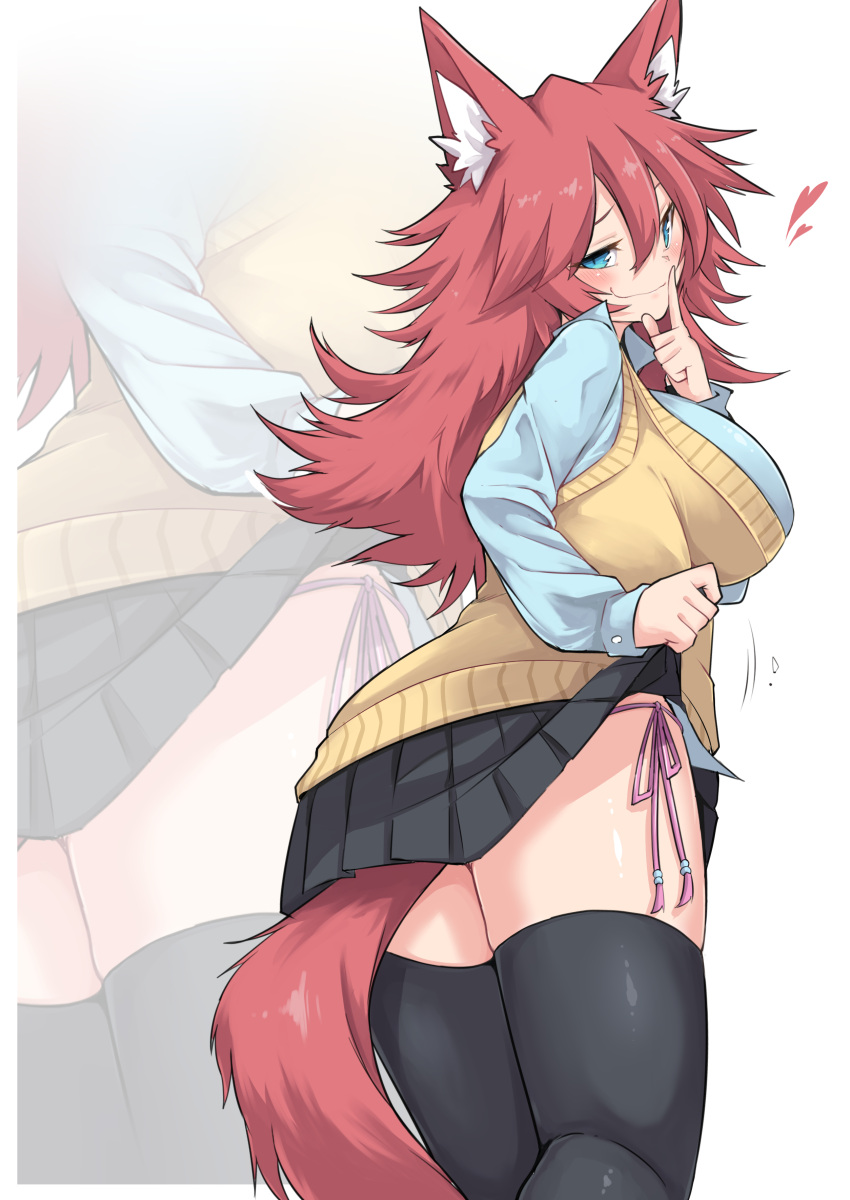 1girl absurdres alternate_costume animal_ear_fluff animal_ears black_legwear blue_eyes blush breasts dress_shirt finger_to_mouth firo_(shun_soku) heart highres large_breasts lifted_by_self long_hair looking_back miniskirt original panties pleated_skirt redhead shirt shun_soku side-tie_panties skirt skirt_lift smile solo sweater_vest tail thigh-highs thighs underwear wolf_ears wolf_tail zettai_ryouiki zoom_layer