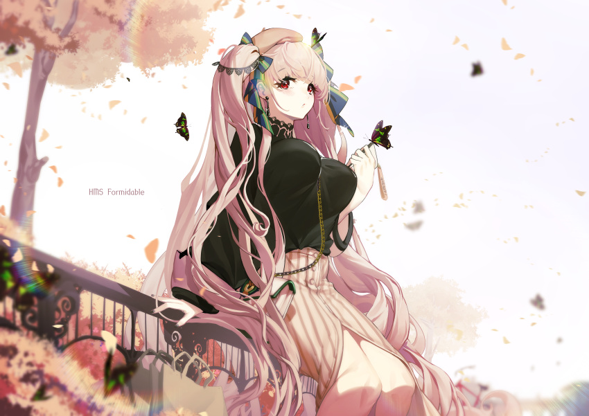 absurdly_long_hair absurdres alternate_costume azur_lane bag beret between_breasts black_shirt blurry breasts bug butterfly chain character_name depth_of_field formidable_(azur_lane) h hair_ribbon handbag hat highres huge_filesize insect large_breasts long_hair railing red_eyes ribbon shirt skirt tree twintails very_long_hair white_hair wide_sleeves yamijam