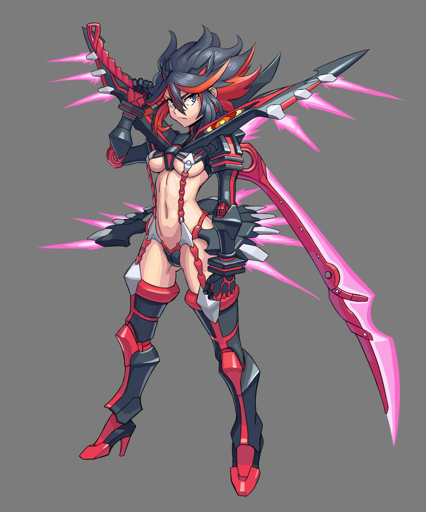 1girl absurdres adapted_costume black_hair boots borrowed_design breasts commentary energy_sword english_commentary full_body grey_background hairpods high_heel_boots high_heels highres huge_weapon kill_la_kill living_clothes matoi_ryuuko medium_breasts microskirt multicolored_hair navel nonneim pleated_skirt redhead revealing_clothes scissor_blade senketsu serious short_hair skirt solo suspenders sword sword_behind_back symbol-shaped_pupils thigh-highs thigh_boots two-tone_hair under_boob weapon