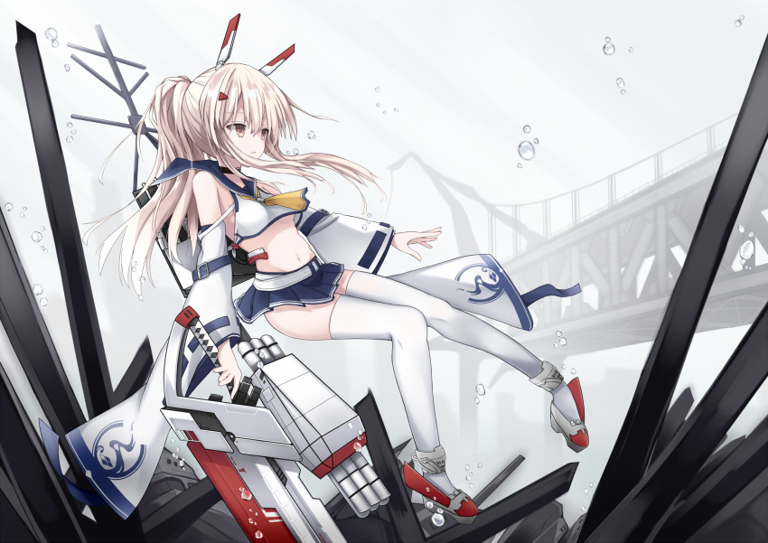1girl air_bubble animal_ears ayanami_(azur_lane) azur_lane bangs bare_shoulders belt blue_sailor_collar blue_skirt breasts bridge bubble choker commentary_request crop_top detached_sleeves eyebrows_visible_through_hair fake_animal_ears floating_hair full_body hair_ornament hairclip headgear high_ponytail highres holding holding_sword holding_weapon long_hair long_sleeves looking_to_the_side machinery mast midriff miniskirt neckerchief nishina_kakeri no_bra orange_eyes outdoors parted_lips platinum_blonde_hair pleated_skirt ponytail retrofit_(azur_lane) rigging rudder_footwear sailor_collar school_uniform serafuku shirt sidelocks skirt small_breasts solo submerged sword thigh-highs torpedo_tubes turret under_boob underwater very_long_hair weapon white_belt white_legwear white_shirt wide_sleeves yellow_neckwear