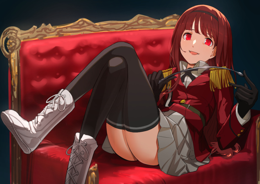 1girl :d bangs black_gloves black_hairband black_legwear boots brown_hair collared_shirt commentary_request couch cross-laced_footwear crossed_legs dress_shirt epaulettes eyebrows_behind_hair feet_out_of_frame gloves grey_shirt grey_skirt hairband holding idol_heroes_(idolmaster) idolmaster idolmaster_million_live! idolmaster_million_live!_theater_days jacket lace-up_boots long_hair long_sleeves looking_at_viewer lying on_back on_couch open_mouth pleated_skirt red_eyes red_jacket riding_crop shirt skirt smile solo suzuki_puramo tanaka_kotoha thigh-highs very_long_hair white_footwear