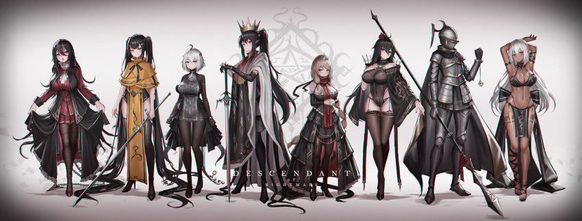 6+girls :o absurdly_long_hair ahoge armor arms_up asymmetrical_clothes asymmetrical_gloves black_dress black_hair blonde_hair blue_eyes bodystocking bracelet breasts cape capelet commentary_request crown cthulhu_mythos curtsey dark_skin dress dress_lift expressionless eyebrows_visible_through_hair full_armor full_body gloves green_eyes hair_ornament hairclip hand_on_own_chest hands_clasped hands_on_hilt height_difference helmet high_heels highres jewelry knight large_breasts long_hair longsword multicolored_hair multiple_girls original own_hands_together pelvic_curtain pentagram pointy_ears polearm ponytail red_eyes redhead showgirl_skirt single_glove smile spear streaked_hair sword tentacles thigh-highs tiara twintails very_long_hair violet_eyes weapon white_hair yellow_sign yurichtofen zweihander