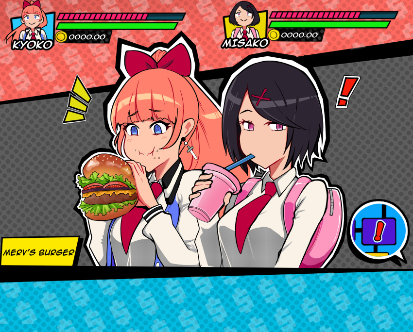 ! 2girls absurdres black_hair drink food health_bar highres jacket kunio-kun_series kyoko_(kunio-kun) letterman_jacket misako_(kunio-kun) multiple_girls orange_hair ponytail river_city_girls school_uniform thought_bubble wayforward