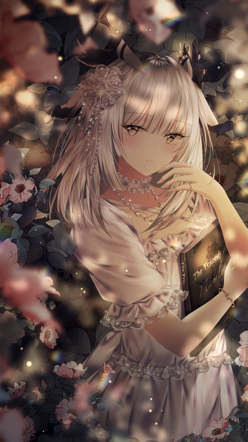 1girl arknights bangle bangs blurry blurry_foreground blush book bracelet brown_eyes choker closed_mouth commentary_request depth_of_field dress eyebrows_visible_through_hair flower hand_up highres jewelry junpaku_karen looking_at_viewer object_hug pink_flower ptilopsis_(arknights) ring short_sleeves silver_hair solo white_choker white_dress