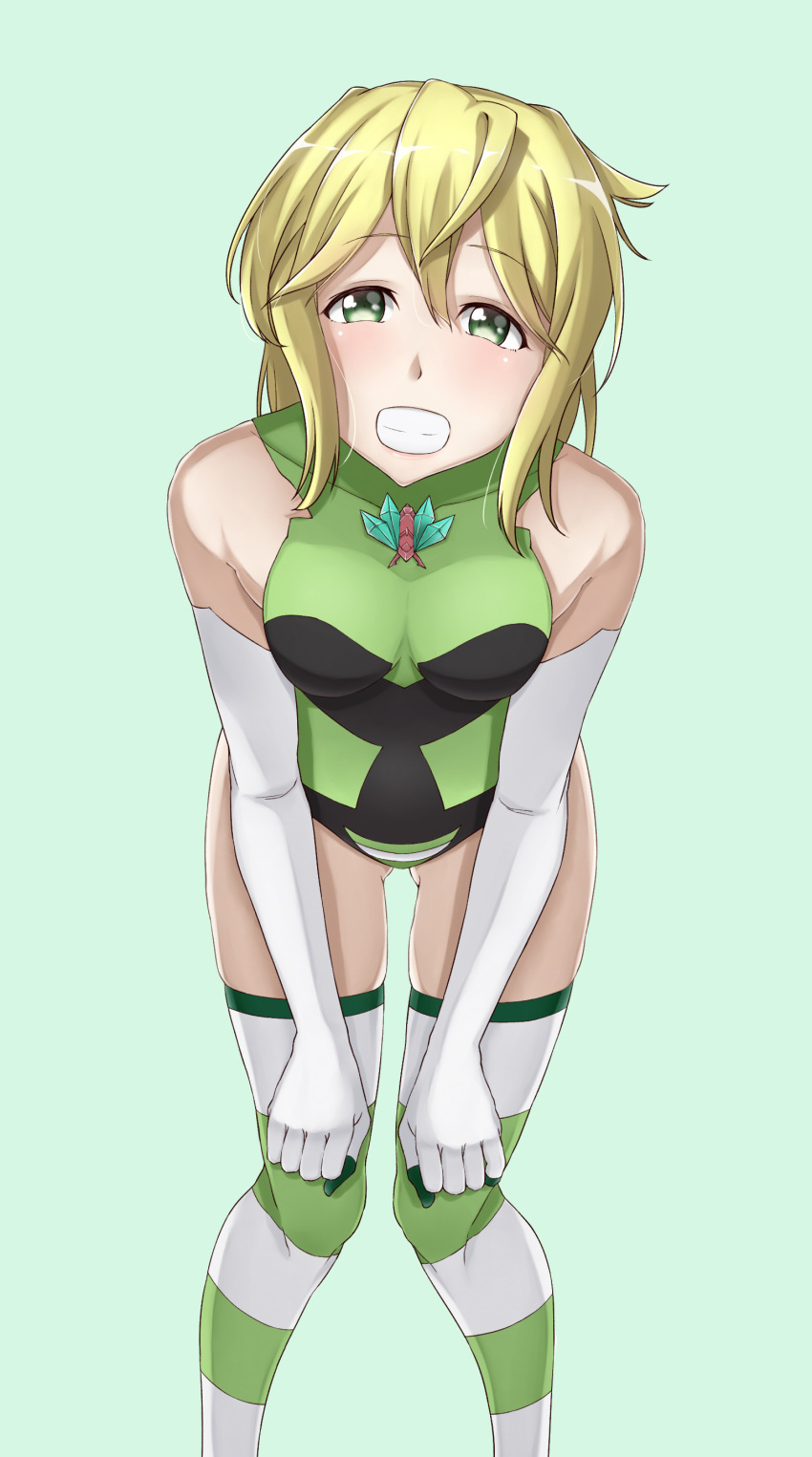 1girl absurdres akatsuki_kirika ass_visible_through_thighs bare_shoulders blush breasts commentary_request elbow_gloves gloves green_eyes green_leotard hair_between_eyes highres leotard looking_at_viewer medium_breasts olive_(u7mes1x) parted_lips senki_zesshou_symphogear shiny shiny_hair shiny_skin short_hair smile solo standing striped striped_legwear teeth white_gloves