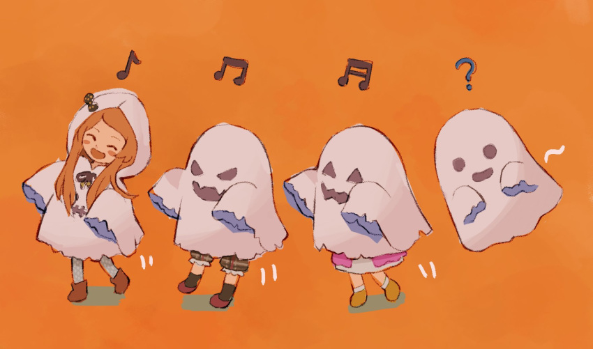 3girls :d ? ^_^ blush_stickers bow brown_hair closed_eyes commentary ghost ghost_costume highres hood hood_up ikumi_(iq3) long_hair multiple_girls musical_note open_mouth orange_background original simple_background sleeves_past_fingers sleeves_past_wrists smile wide_sleeves