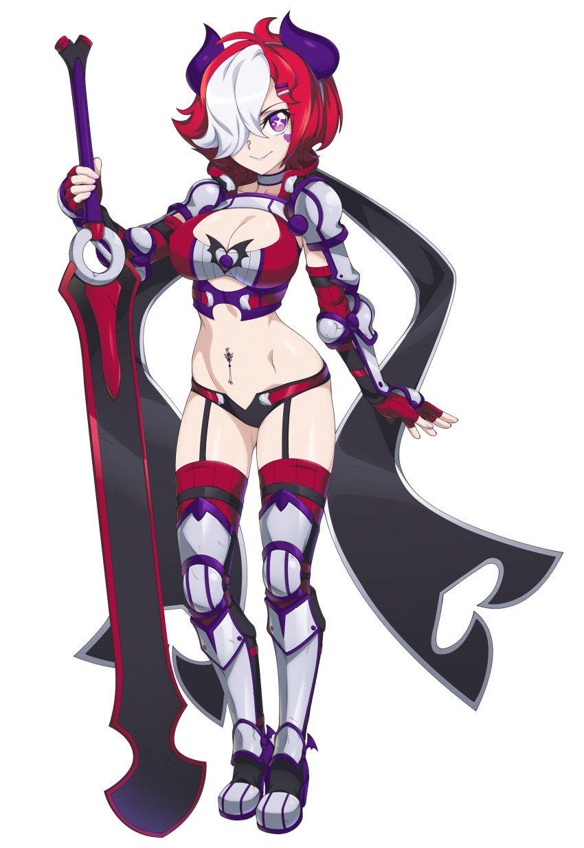 +_+ 1girl :&gt; absurdres armor armored_boots ass_visible_through_thighs bat_wings bikini_armor boots borrowed_character breasts choker chuunioniika commission eyeshadow fingerless_gloves full_body garter_straps gloves greaves hair_over_one_eye hairband heart highres horns large_breasts lowleg lowleg_shorts makeup midriff multicolored_hair navel navel_piercing original piercing redhead scarf shorts shoulder_armor smile solo sword tattoo thigh-highs vambraces venus_(lederhozen) violet_eyes weapon white_hair wings