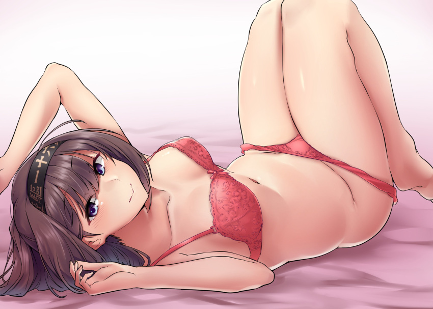 1girl ahoge akizuki_(kantai_collection) bangs barefoot bed bed_sheet black_hair black_headband blush bra breasts clothes_writing collarbone eyebrows_visible_through_hair hachimaki hairband headband highres kantai_collection kiritto long_hair lying medium_breasts navel on_back panties ponytail red_bra red_panties simple_background solo thighs underwear violet_eyes