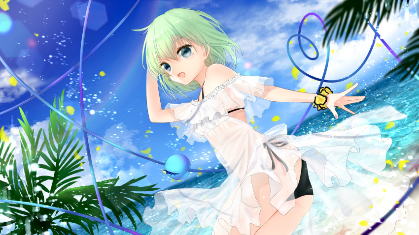 1girl :d absurdres arm_up ass bangs bare_shoulders bikini bikini_under_clothes black_bikini blue_eyes blue_sky breasts chikawa_shibainu clouds cowboy_shot day dress eyebrows_visible_through_hair green_hair hair_between_eyes heart heart_of_string highres komeiji_koishi lens_flare light_particles looking_at_viewer no_hat no_headwear ocean off-shoulder_dress off_shoulder open_mouth outdoors palm_tree petals scrunchie see-through short_hair side-tie_bikini sky small_breasts smile solo swimsuit thighs touhou tree white_dress wrist_scrunchie