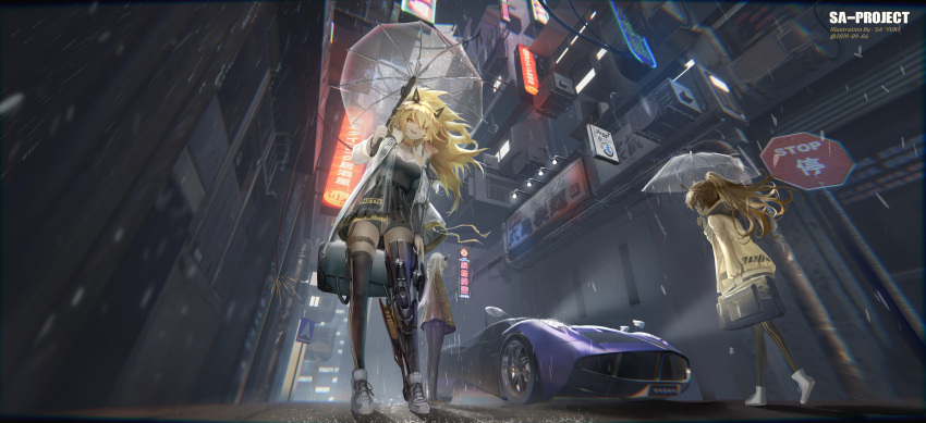 3girls :d absurdres alley artist_name bag bangs black_legwear black_leotard black_skirt blonde_hair boots brown_jacket car chromatic_aberration commentary_request covered_collarbone dated grey_footwear ground_vehicle hair_between_eyes high_ponytail highres holding holding_bag holding_umbrella jacket leotard leotard_under_clothes long_hair long_sleeves looking_at_viewer motor_vehicle multiple_girls neon_lights open_clothes open_jacket open_mouth original pleated_skirt ponytail profile rain road_sign sa'yuki shoes sign skirt smile standing thigh-highs translation_request transparent transparent_umbrella umbrella upper_teeth very_long_hair white_footwear white_hair yellow_eyes