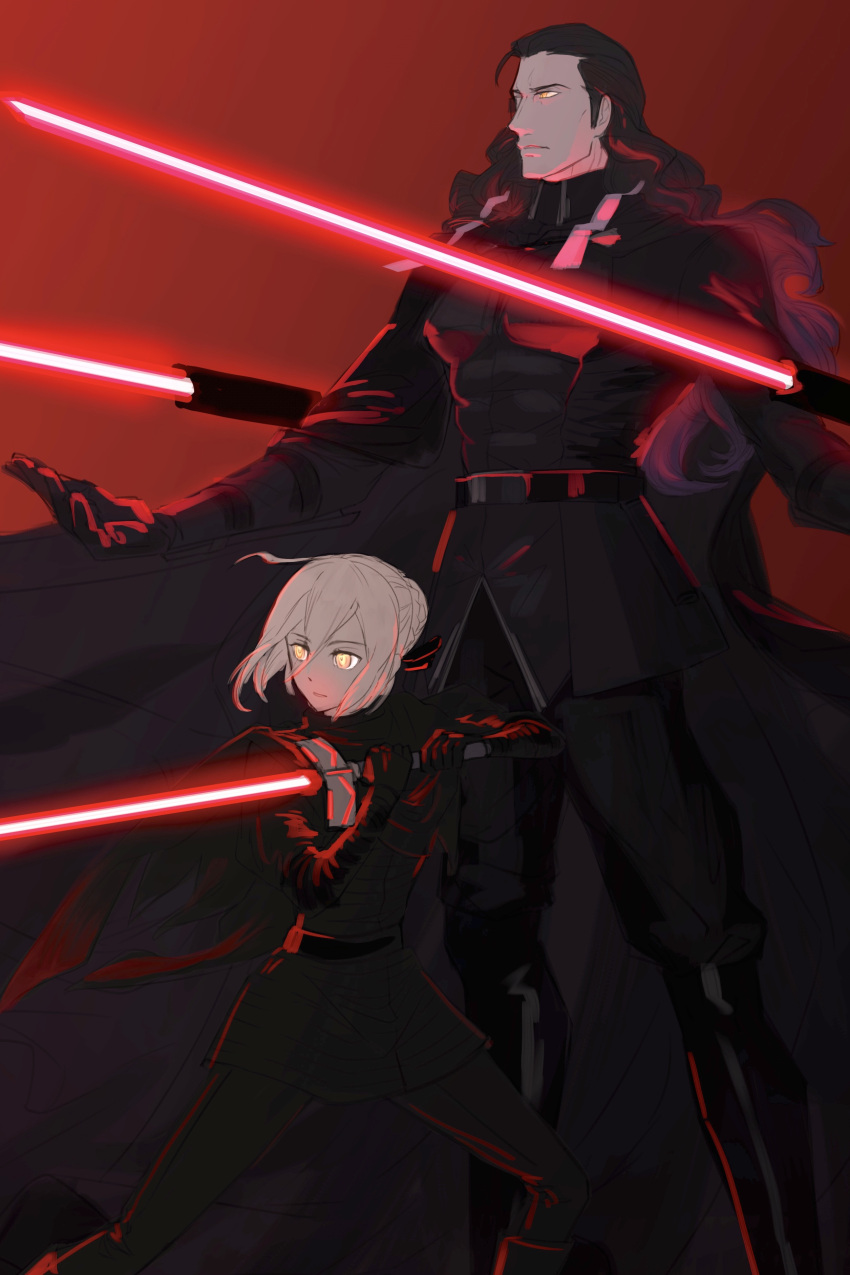 1boy 1girl absurdres black_cape black_footwear black_gloves black_hair black_jacket black_pants boots braid braided_bun cape dual_wielding energy_sword fate/grand_order fate_(series) fighting_stance gloves highres holding jacket lightsaber long_hair long_sleeves nikola_tesla_(fate/grand_order) okita_souji_(fate) okita_souji_(fate)_(all) outdoors pants red_background simple_background sketch standing sword viscontiapclyps weapon yellow_eyes